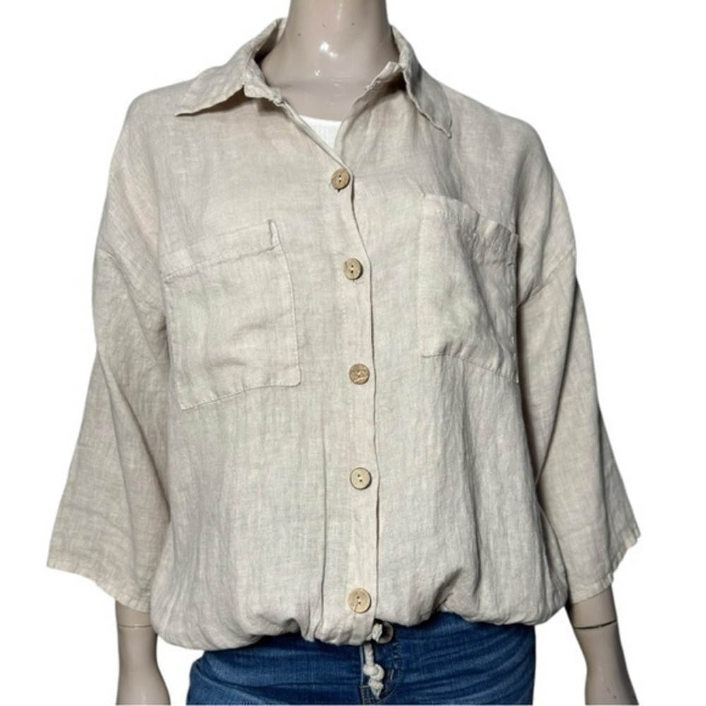 Carla Giannini Womens One Size Tan Nude Button Front Drawstring Hem Linen Jacket